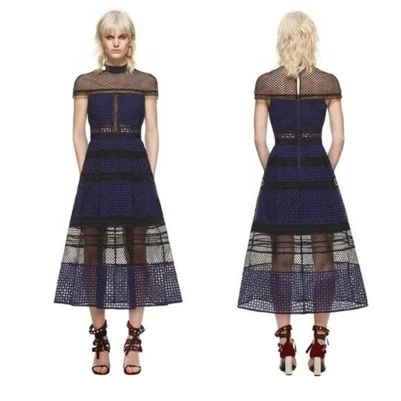 SELF-PORTRAIT Size 6 Semi Sheer A Line Crosshatched Paneled Midi Dress